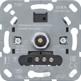 Механизм светорегулятора (диммера) 20-210 Вт
Studio,  Standard 55,  E2,  Event,  Esprit,  ClassiX,  ClassiX Art,  E22,  Edelstahl,  F100,  S-Color,  TX_44,  поворотно-нажимной,  лампы накаливания и галогенные 220В (R),  лампы с индукционным (обмоточным) трансформ.(L),  лампы с электронным (емкостным) трансформ.(C),  диммируемые лампы LED 220В (LEDi тип L),  диммируемые лампы LED 220В (LEDi тип C),  245000,  2450 00,  Gira
 - PULSAL.RU