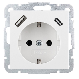 Розетка силовая + 2 USB, А+С, быстрая, 1,5 А
R1,  R2,  R3,  USB type-C 5V,  USB type-A 5V,  двойная,   цвет - белый глянцевый,  пластмасса,  85507W,  Wedder
 - PULSAL.RU